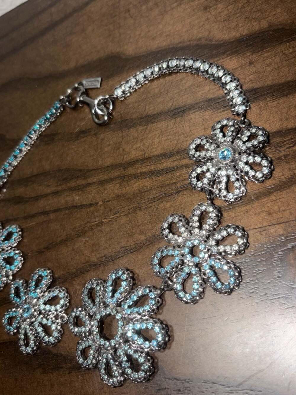 Coach Blue Crystal Flower Necklace Silver Plated